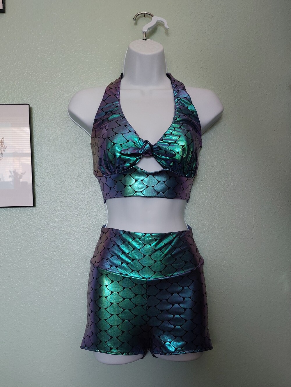 Handmade Irridescent Mermaid Scale Bikini Halter Tie Front Top & High Rise Short